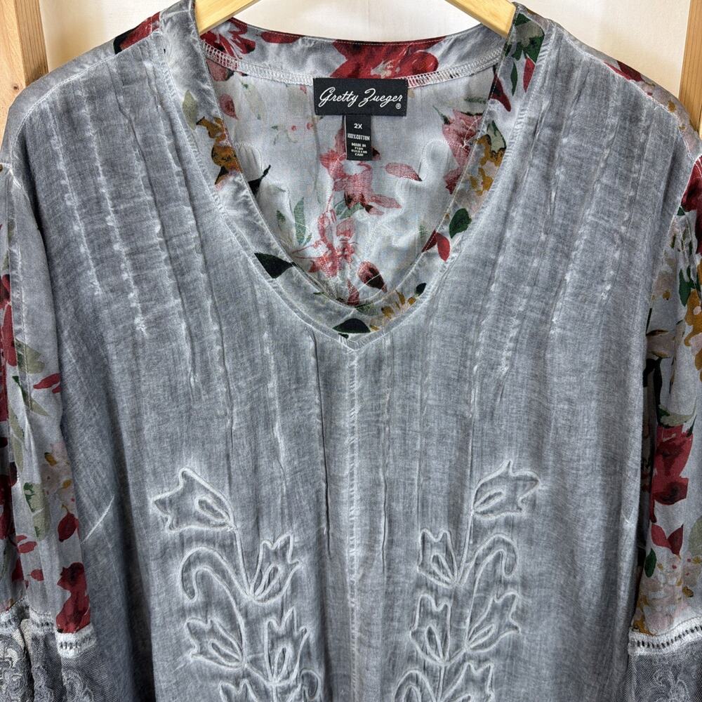 Gretty Zueger Gray V Neck Lace On Cuffs Hem High Low Tunic #1364 Size 2X - Picture 2 of 12